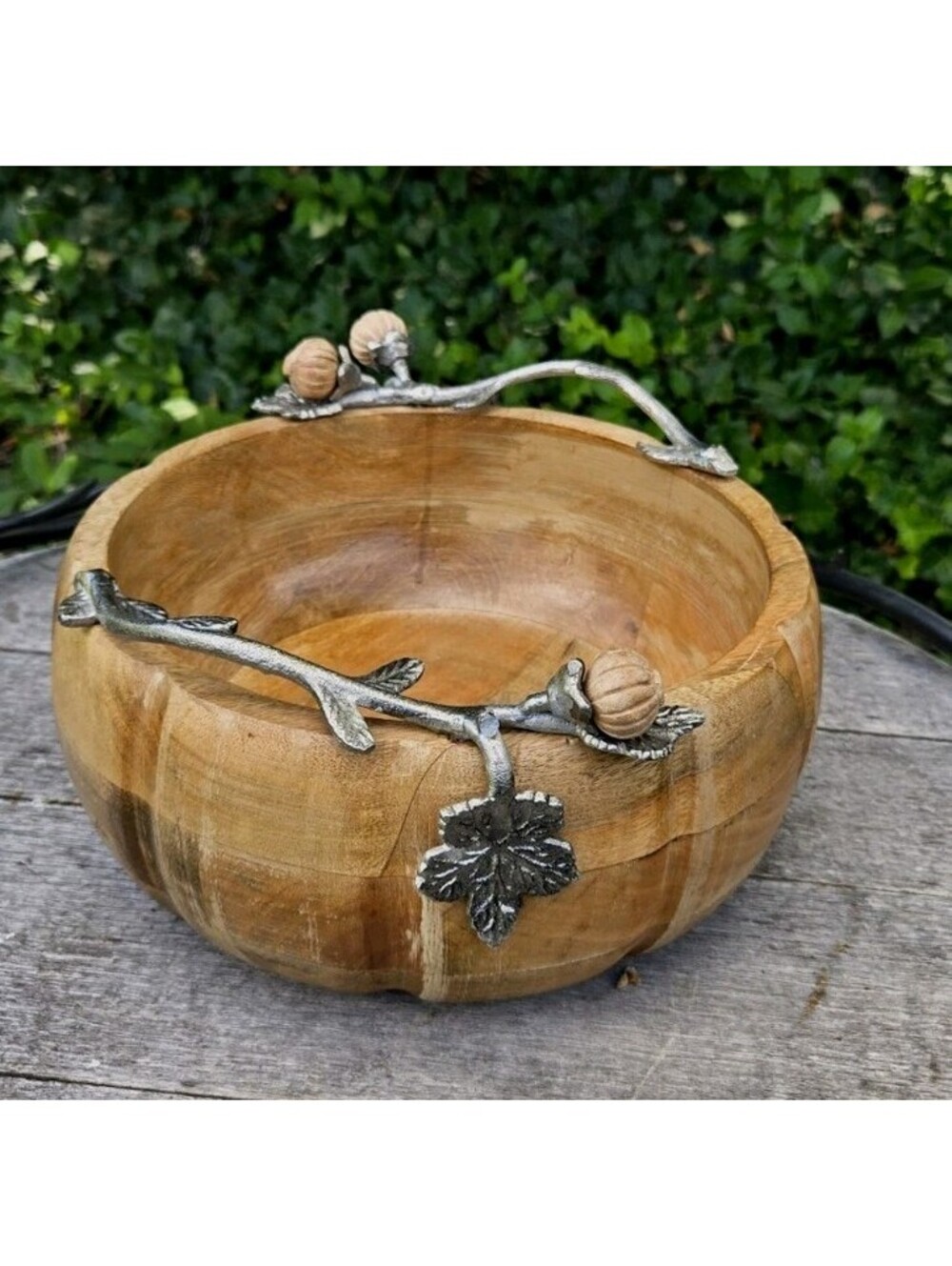Wooden Bowl Decorative Silver Leaf Handles Acorns~Flaw 1 Missing Acorn Beautiful